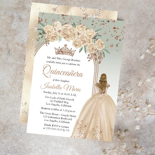 Elegante Champagne | Sage Bloemen Quinceañera Part Kaart