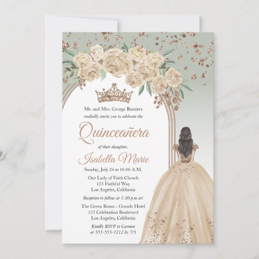 Elegante Champagne | Sage Bloemen Quinceañera Part Kaart (Voorkant)