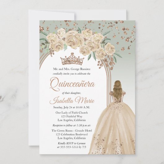 Elegante Champagne | Sage Bloemen Quinceañera Part Kaart (Voorkant)