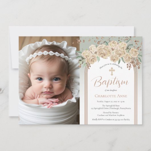 Elegante Champagne | Sage Floral foto doop Kaart (Voorkant)