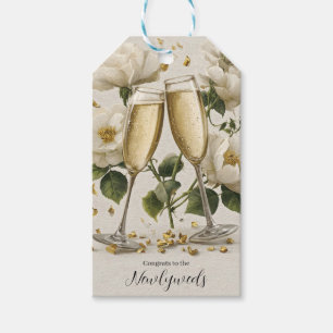 Elegante champagne toast met witte rozen cadeaulabel