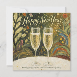 Elegante Champagne Toost Volkskunst Gelukkig Nieuw Kaart
