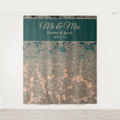 Elegante Champagne Turquoise Trouw Monogram Achter Wandkleed (Voorkant)