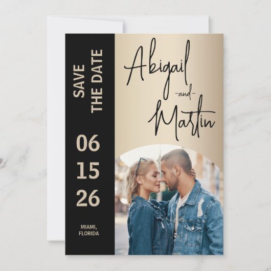 Elegante Champagne Zwart 2 foto bruiloft Save The Date (Voorkant)