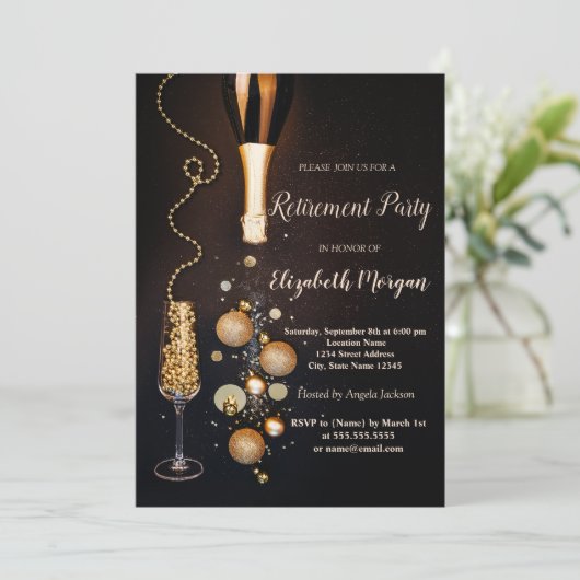 Elegante champagnefles glas pensionering  kaart (Staand voorkant)