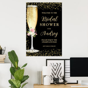 Elegante champagnefluit bloemige bruiloftsdouche poster