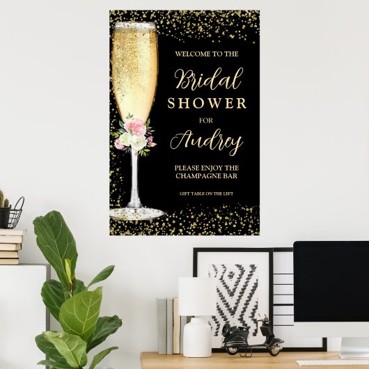 Elegante champagnefluit bloemige bruiloftsdouche poster (Thuiskantoor)