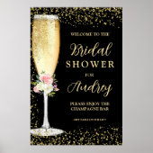 Elegante champagnefluit bloemige bruiloftsdouche poster (Voorkant)
