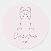 Elegante champagneglas trouwbetrokkenheid ronde sticker (Voorkant)