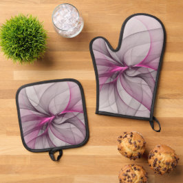 Elegante Chaos Moderne Abstracte Roze Fractale Kun Ovenwant & Pannenlap Set