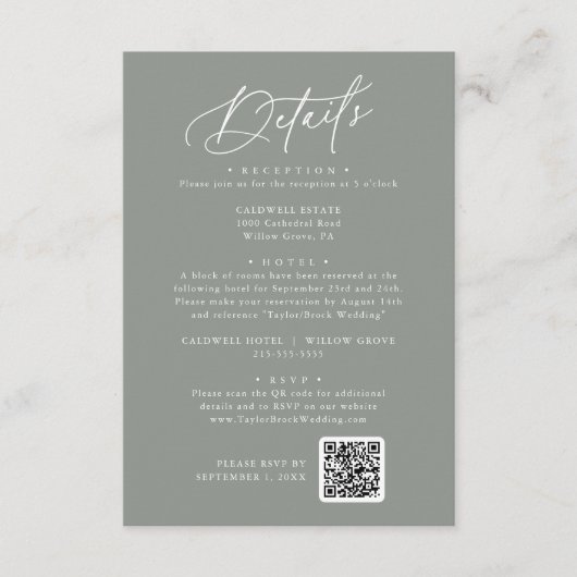 Elegante Charm Dark Sage Bruiloft Details Kaart (Voorkant)