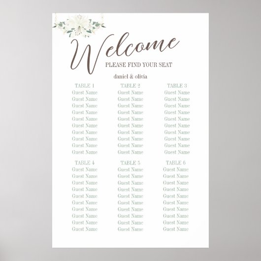 Elegante Charm Green Wildflower Wedd Seating Chart Poster (Voorkant)