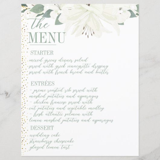 Elegante Charm Green Wildflower Wedding Menu (Voorkant)