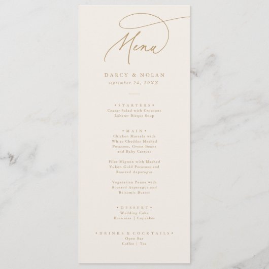 Elegante Charm Ivoor en Gouden Bruiloft Menu Kaart (Voorkant)