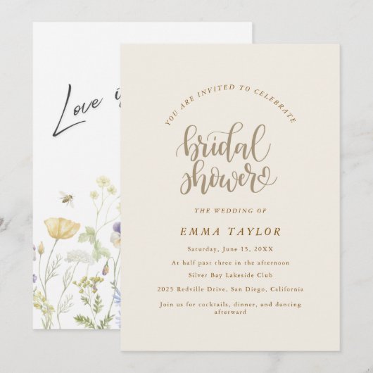 Elegante Charm Ivoor & Goud Wildflower Bruid Kaart (Voorkant / Achterkant)