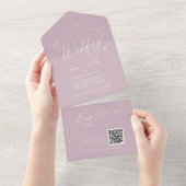 Elegante Charm QR Code Lila Roze Bruiloft All In One Uitnodiging (Afscheurbaar)