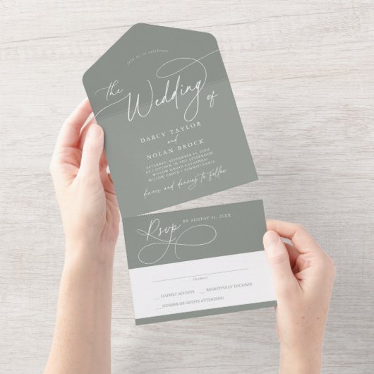 Elegante Charm RSVP Dark Sage Bruiloft All In One Uitnodiging (Afscheurbaar)