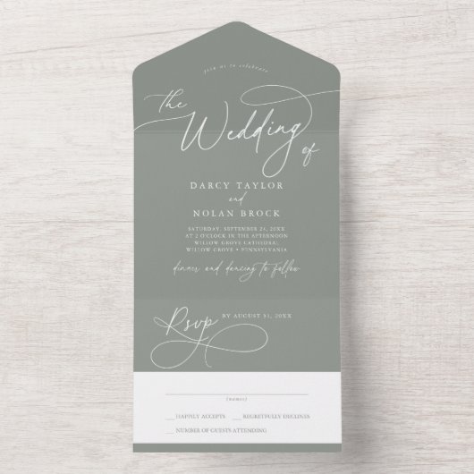 Elegante Charm RSVP Dark Sage Bruiloft All In One Uitnodiging (Binnen)