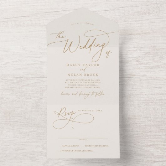 Elegante Charm RSVP Ivoor en Gouden Bruiloft All In One Uitnodiging (Binnen)