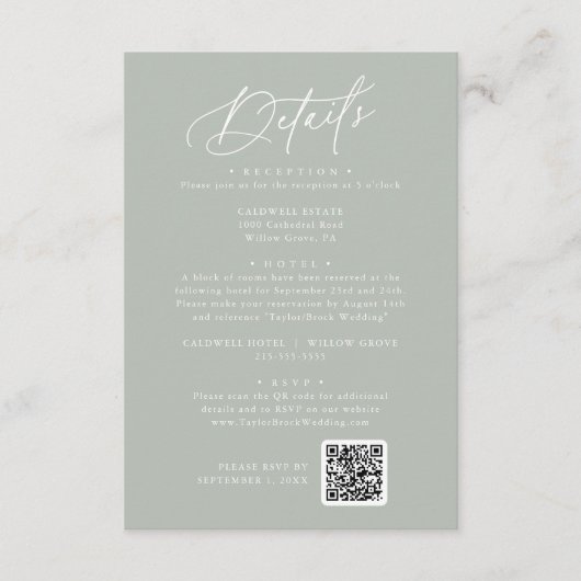 Elegante Charm Sage Groene Bruiloft Details Kaart (Voorkant)