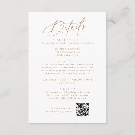 Elegante Charm Wit en Goud Bruiloft Details Kaart (Voorkant)