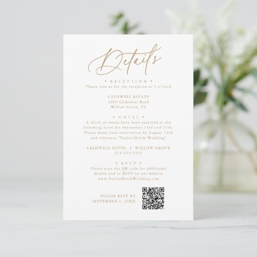 Elegante Charm Wit en Goud Bruiloft Details Kaart (Staand voorkant)