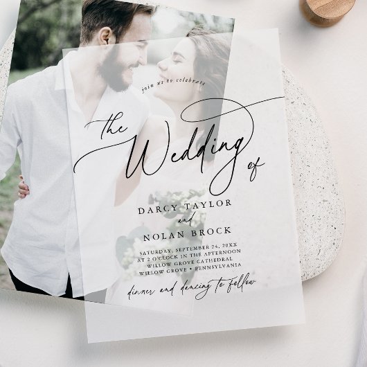 Elegante Charm Zwart Eenvoudige Boho Moderne bruil Vellum Uitnodigingen