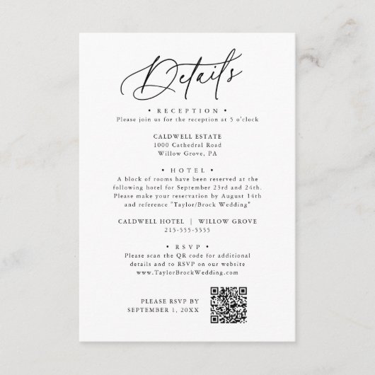 Elegante Charm Zwart-wit Bruiloft Details Kaart (Voorkant)