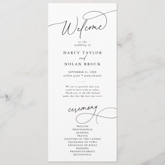 Elegante Charm Zwart-wit Flat Wedding Program Programmakaart (Voorkant)