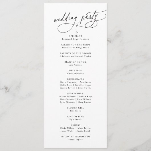 Elegante Charm Zwart-wit Flat Wedding Program Programmakaart (Achterkant)