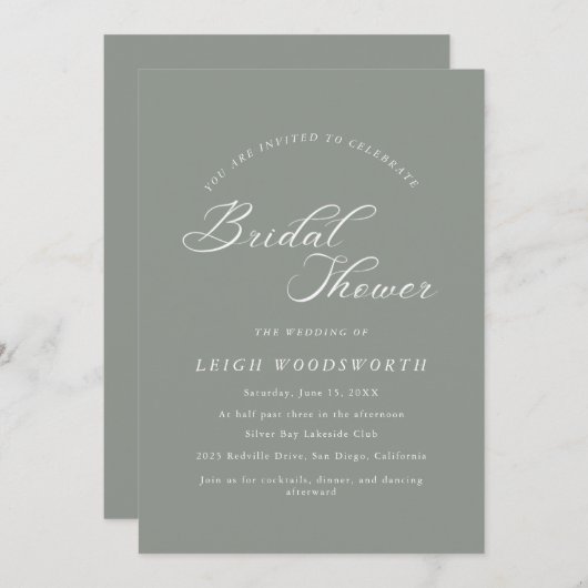 Elegante charme donkere salie bruids douche uitnod kaart (Voorkant / Achterkant)