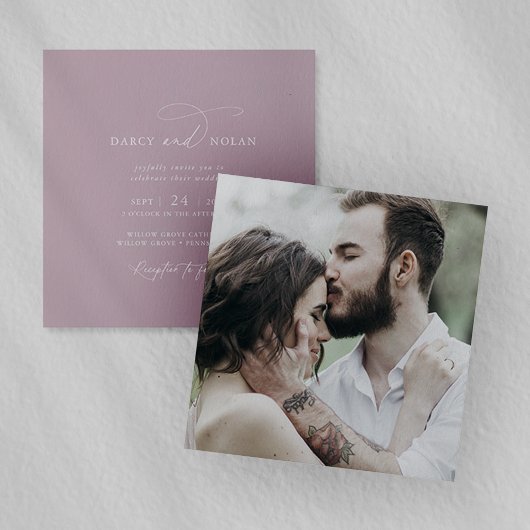 Elegante charme foto Lila roze bruiloft uitnodigin Kaart