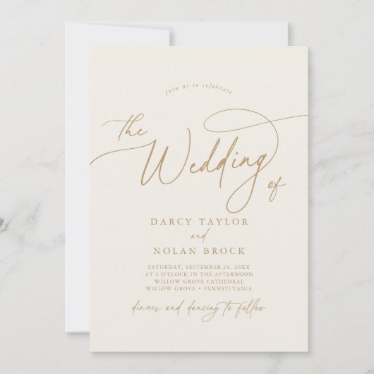 Elegante charme ivoor en gouden bruiloft uitnodigi kaart (Voorkant)