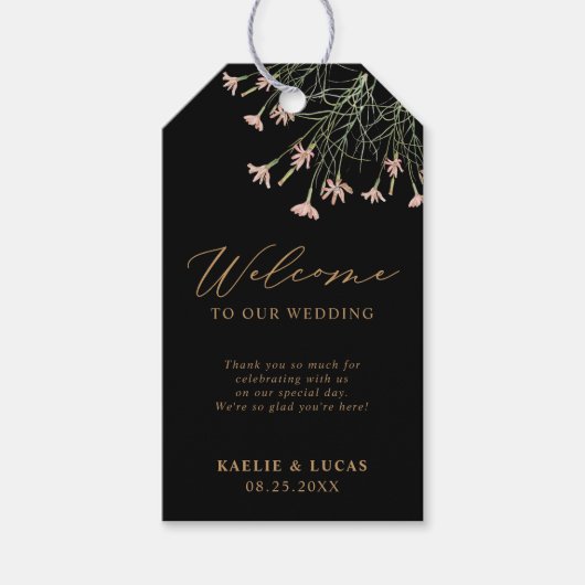 Elegante charme wilde bloem | Black Wedding Welkom Cadeaulabel (Voorkant)