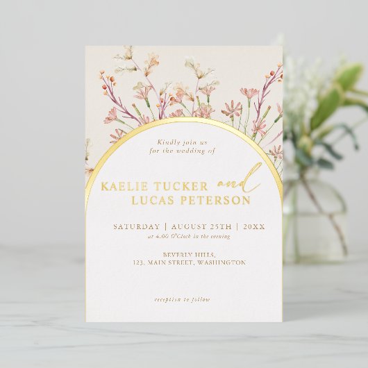Elegante charme wilde bloem boog bruiloft goud folie uitnodiging (Staand Voorkant)