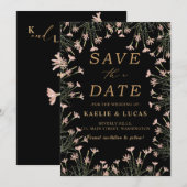 Elegante charme wilde bloem | Zwart & Goud Save The Date (Voorkant / Achterkant)