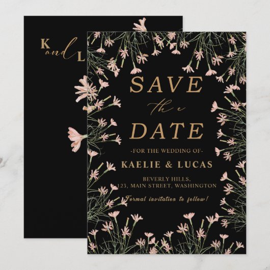 Elegante charme wilde bloem | Zwart & Goud Save The Date (Voorkant / Achterkant)
