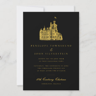 Elegante Château Illustratie Zwart Goud Huwelijk Kaart