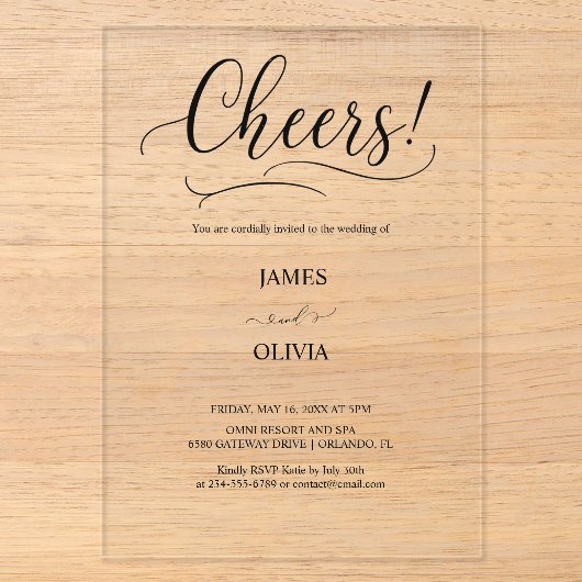 Elegante Cheers Script Helder Acryl Trouw Uitnodigingen (Voorkant)