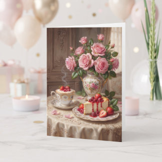 Elegante Cheesecake en Cappuccino Vintage Verjaard Kaart
