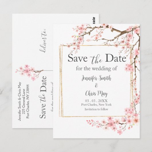 Elegante Cherry Blossom Wedding Save the Date Briefkaart (Voorkant / Achterkant)