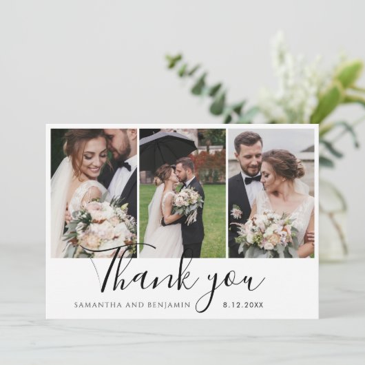 Elegante Chic 3 bruiloft foto's script Bedankkaart (Staand voorkant)