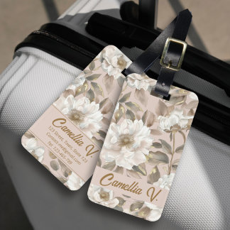 Elegante Chic Big Camellia Bloem Roze Goud Custom Bagagelabel