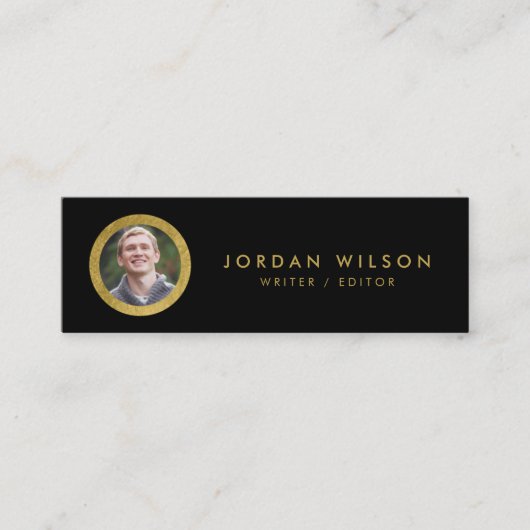 Elegante Chic Black & Faux Gold Profiel Foto Mini Visitekaartje (Voorkant)