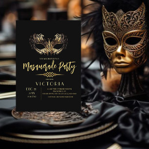 Elegante Chic Black Gold Masquerade Verjaardagsfee Kaart