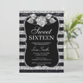 Elegante Chic Black Silver Glitter Roos Sweet 16 Kaart (Staand voorkant)