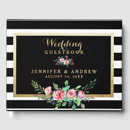 Elegante Chic Black Stripes Gouden Bloemen Huwelij Gastenboek