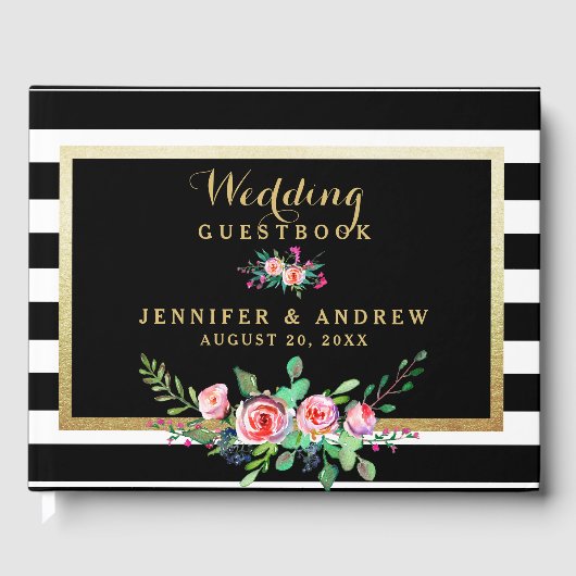 Elegante Chic Black Stripes Gouden Bloemen Huwelij Gastenboek (Voorkant)