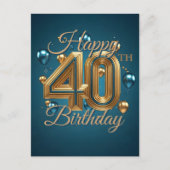 Elegante Chic Blauw en Gouden Ballonnen 40e Verjaa Briefkaart (Voorkant)