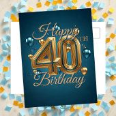 Elegante Chic Blauw en Gouden Ballonnen 40e Verjaa Briefkaart